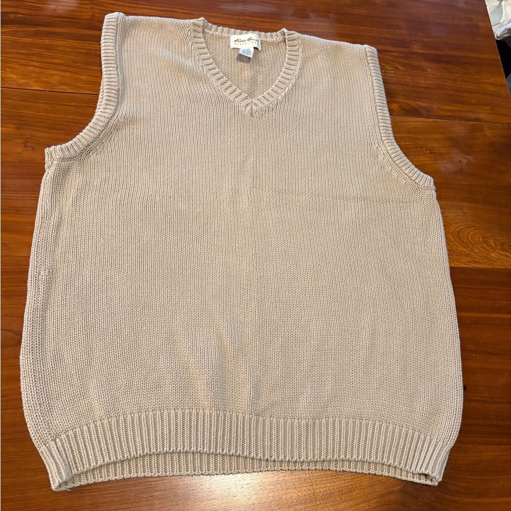 Vintage Eddie Bauer Khaki 100% Chunky Cotton V-Neck Sweater Vest XL